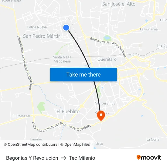 Begonias Y Revolución to Tec Milenio map