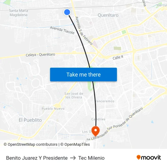 Benito Juárez -  Uo Querétaro to Tec Milenio map