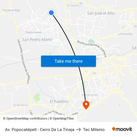 Av. Popocatépetl - Cerro De La Tinaja to Tec Milenio map