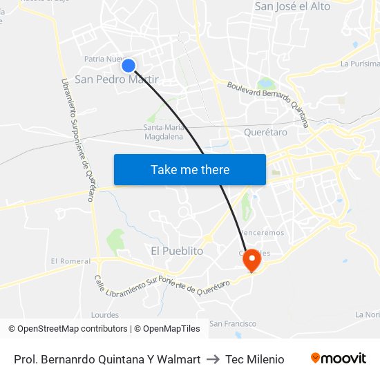 Prol. Bernanrdo Quintana Y Walmart to Tec Milenio map