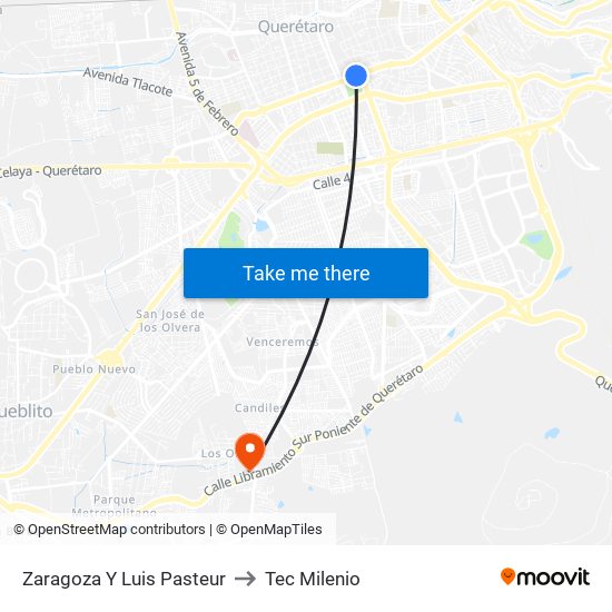 Zaragoza Y Luis Pasteur to Tec Milenio map