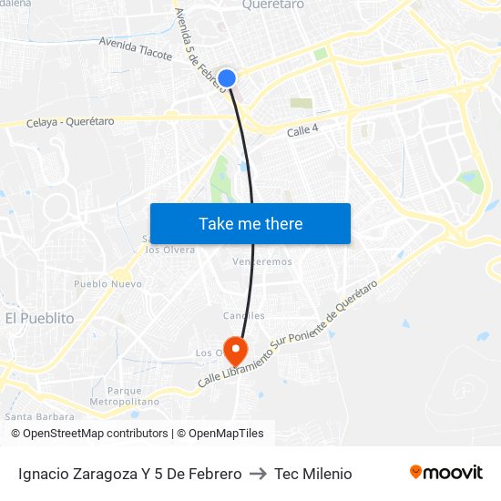 Ignacio Zaragoza Y 5 De Febrero to Tec Milenio map