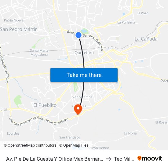 Av. Pie De La Cuesta Y Office Max Bernardo Quintana to Tec Milenio map