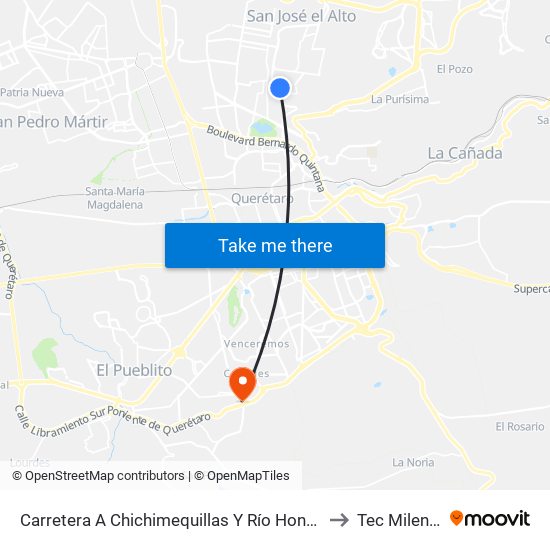 Carretera A Chichimequillas Y Río Hondo to Tec Milenio map
