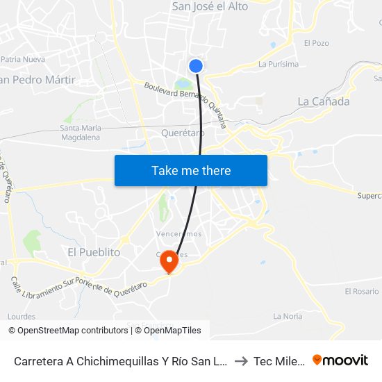 Carretera A Chichimequillas Y Río San Lorenzo to Tec Milenio map
