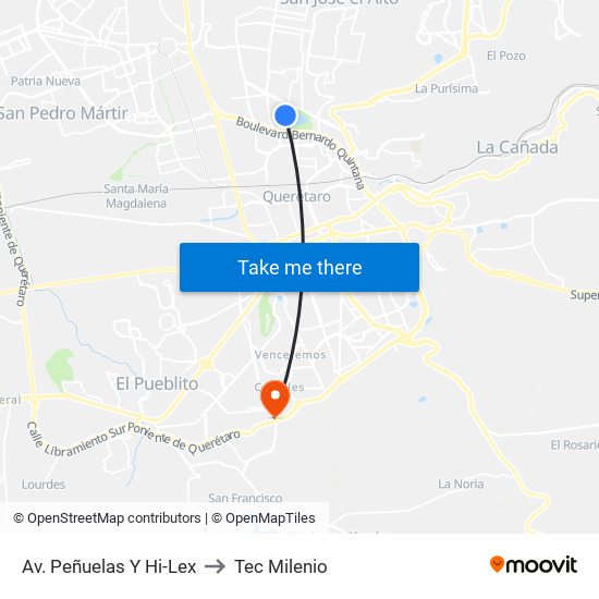 Av. Peñuelas Y Hi-Lex to Tec Milenio map