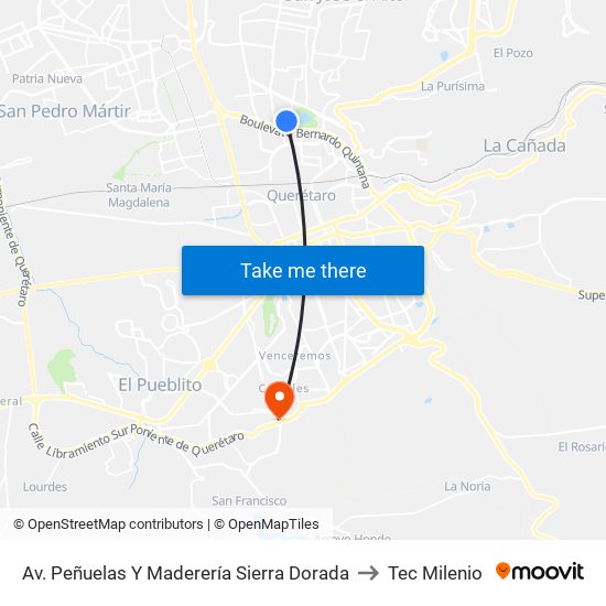 Av. Peñuelas Y Maderería Sierra Dorada to Tec Milenio map