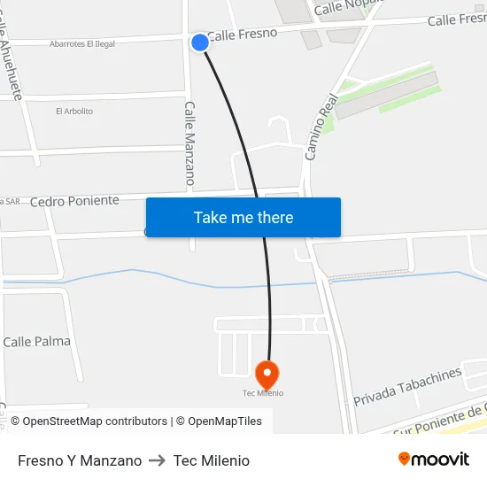 Fresno Y Manzano to Tec Milenio map