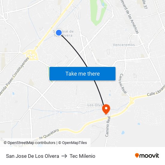 San Jose De Los Olvera to Tec Milenio map