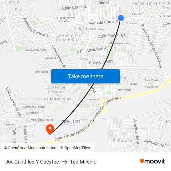 Av. Candiles Y Cecytec to Tec Milenio map