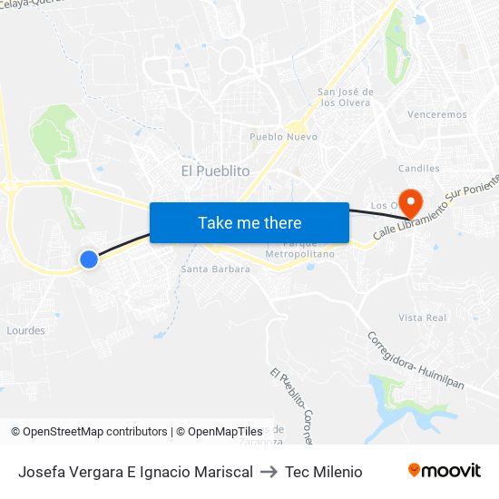 Josefa Vergara E Ignacio Mariscal to Tec Milenio map
