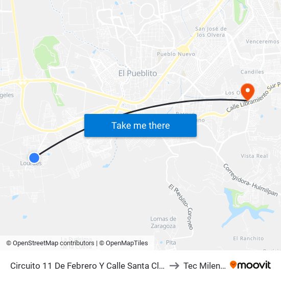 Circuito 11 De Febrero Y Calle Santa Clara to Tec Milenio map