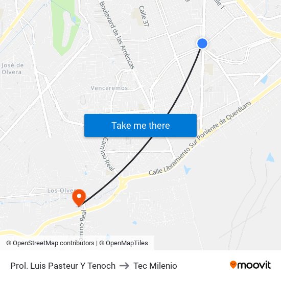 Prol. Luis Pasteur Y Tenoch to Tec Milenio map