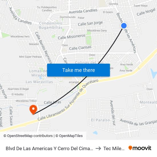 Blvd De Las Americas Y Cerro Del Cimatario to Tec Milenio map