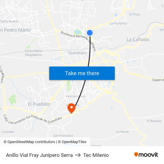 Anillo Vial Fray Junípero Serra to Tec Milenio map