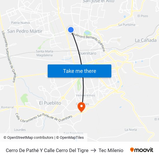 Cerro De Pathé Y Calle Cerro Del Tigre to Tec Milenio map