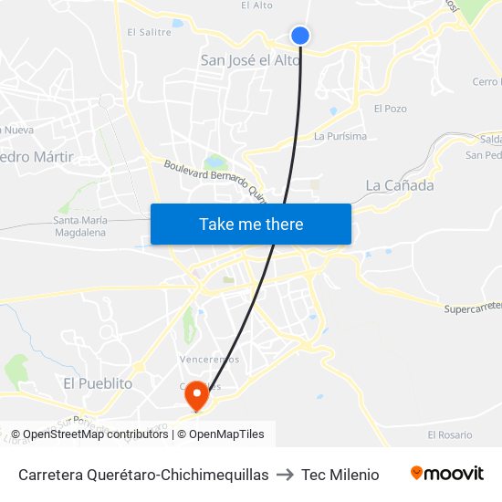 Carretera Querétaro-Chichimequillas to Tec Milenio map