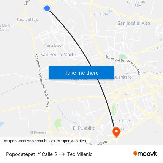 Popocatépetl Y Calle 5 to Tec Milenio map