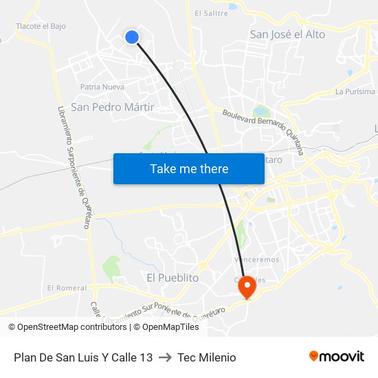 Plan De San Luis Y Calle 13 to Tec Milenio map