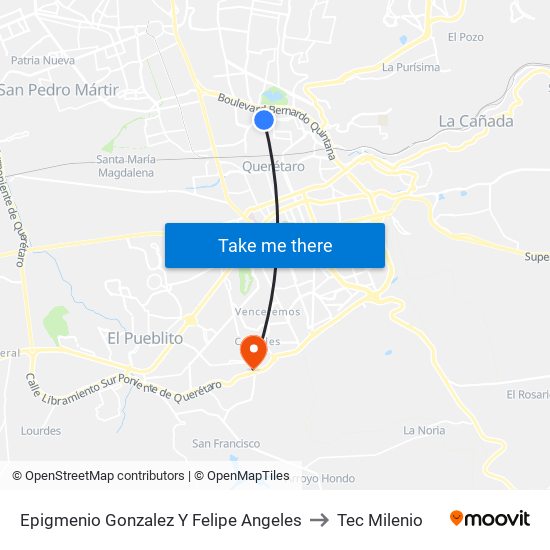 Epigmenio Gonzalez Y Felipe Angeles to Tec Milenio map