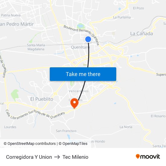 Corregidora Y Union to Tec Milenio map