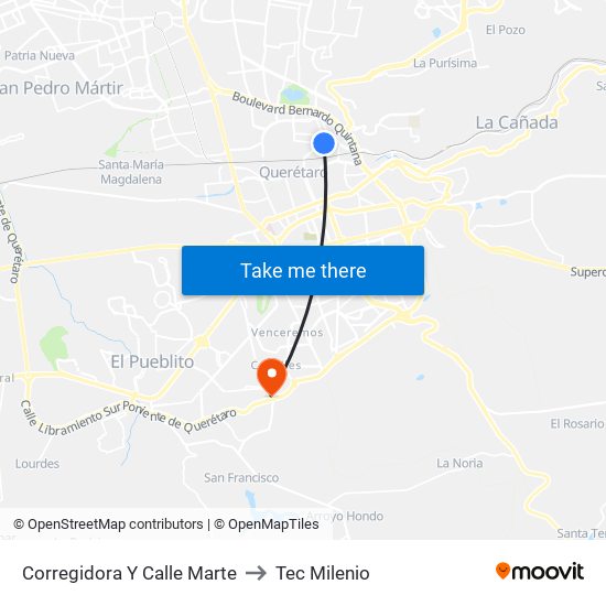 Corregidora Y Calle Marte to Tec Milenio map
