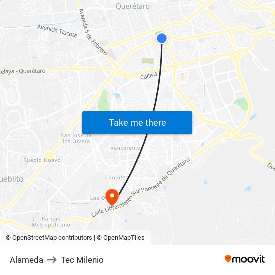 Alameda to Tec Milenio map