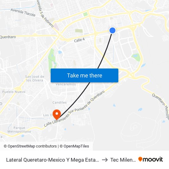 Lateral Queretaro-Mexico Y Mega Estadio to Tec Milenio map