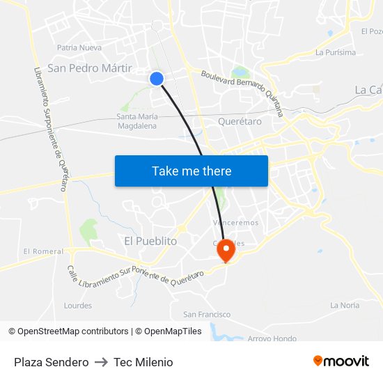 Plaza Sendero to Tec Milenio map