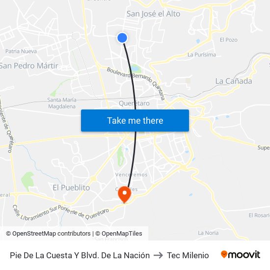 Pie De La Cuesta Y Blvd. De La Nación to Tec Milenio map