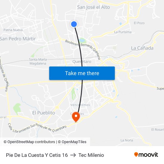 Pie De La Cuesta Y Cetis 16 to Tec Milenio map