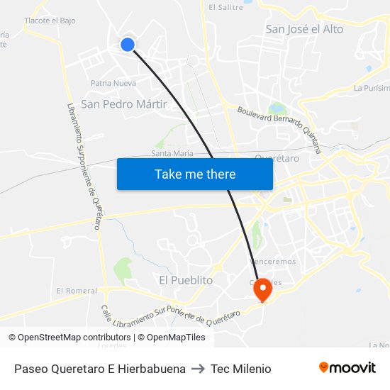 Paseo Queretaro E Hierbabuena to Tec Milenio map