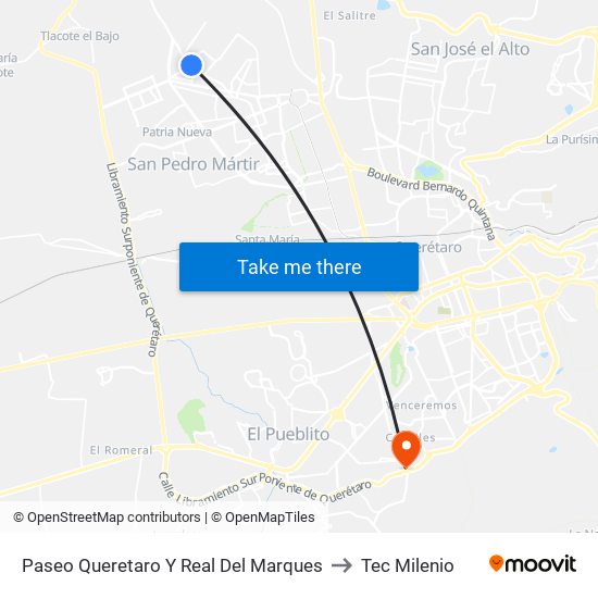 Paseo Queretaro Y Real Del Marques to Tec Milenio map
