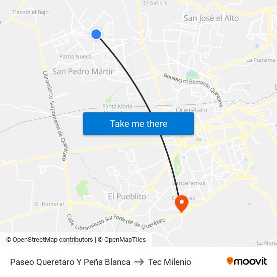 Paseo Queretaro Y Peña Blanca to Tec Milenio map