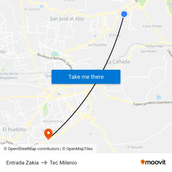 Entrada Zakia to Tec Milenio map