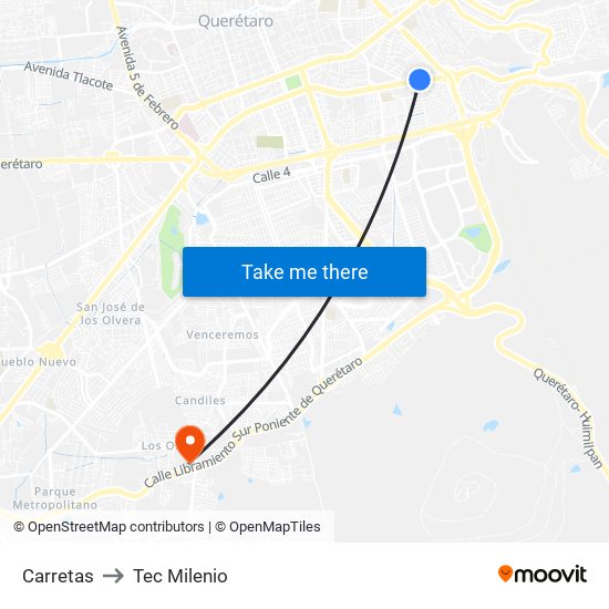 Carretas to Tec Milenio map