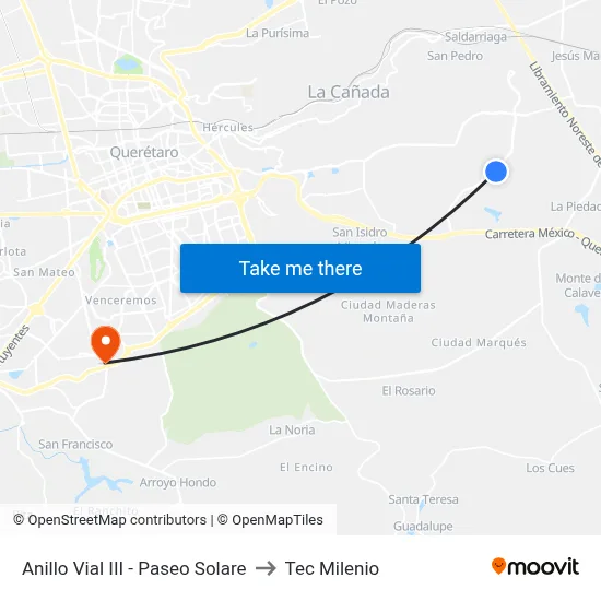 Anillo Vial III - Paseo Solare to Tec Milenio map