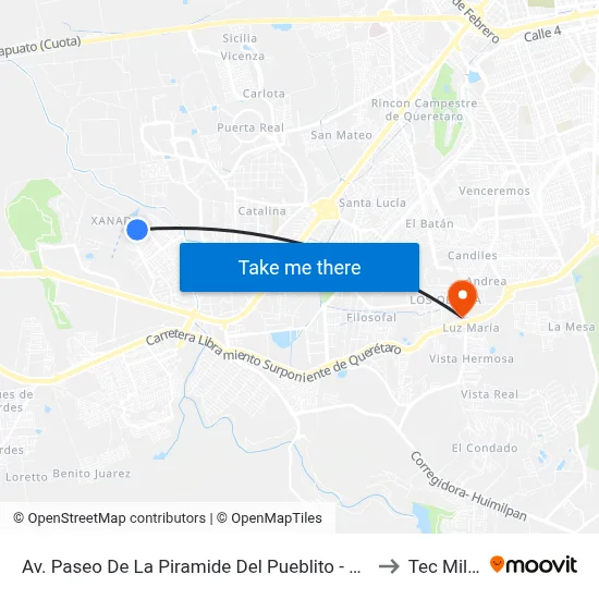 Av. Paseo De La Piramide Del Pueblito - Ptar Pirámides to Tec Milenio map