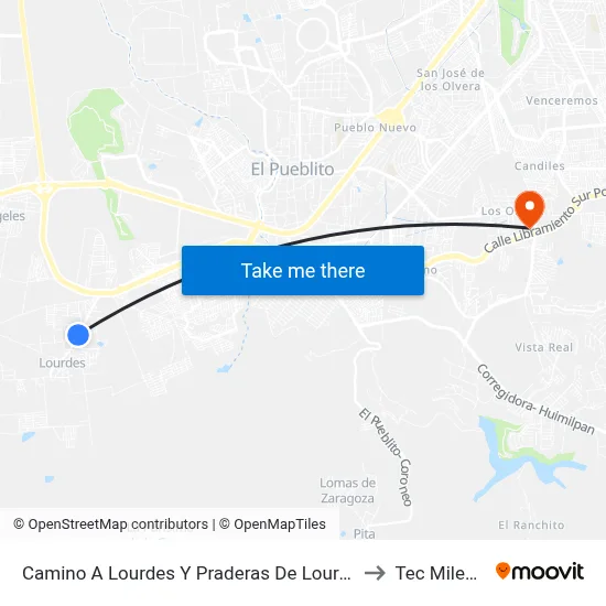 Camino A Lourdes Y Praderas De Lourdes to Tec Milenio map