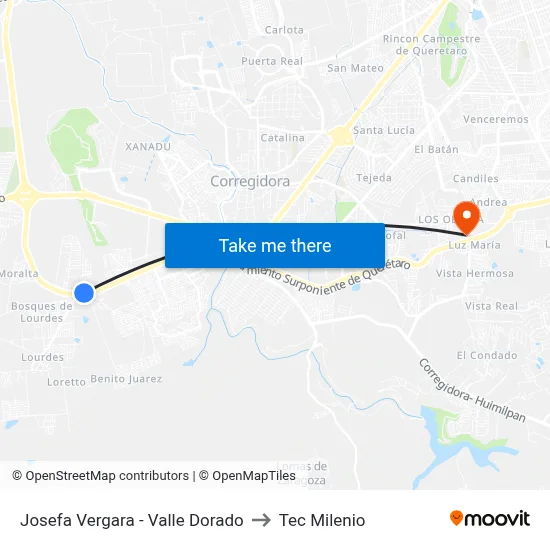 Josefa Vergara - Valle Dorado to Tec Milenio map