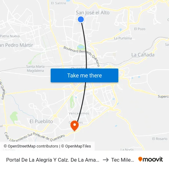 Portal De La Alegría Y Calz. De La Amargura to Tec Milenio map