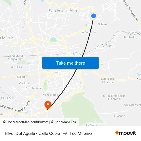 Blvd. Del Aguila - Calle Cebra to Tec Milenio map