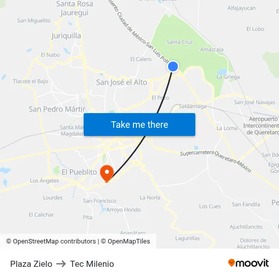 Plaza Zielo to Tec Milenio map