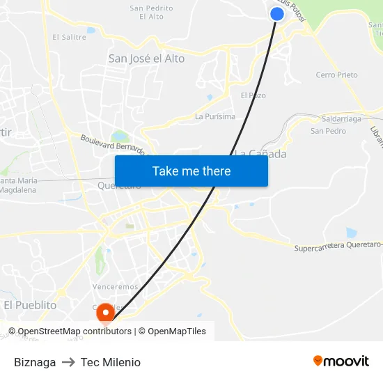 Biznaga to Tec Milenio map