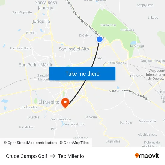 Cruce Campo Golf to Tec Milenio map