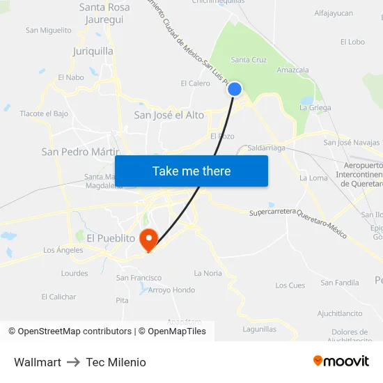 Wallmart to Tec Milenio map