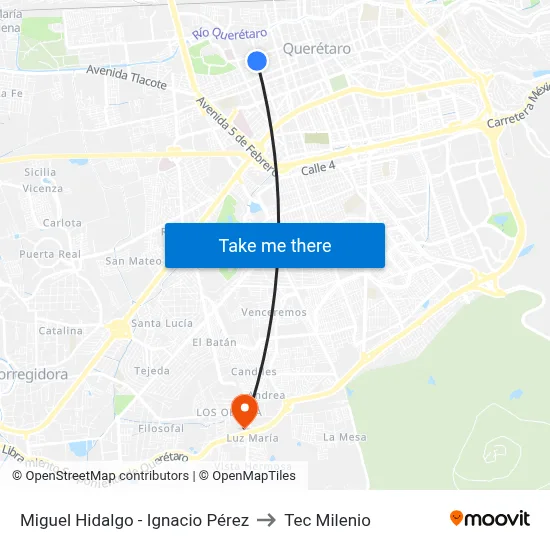 Miguel Hidalgo - Ignacio Pérez to Tec Milenio map