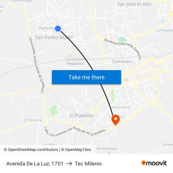Avenida De La Luz, 1701 to Tec Milenio map
