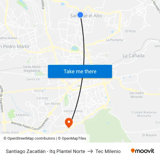 Santiago Zacatlán - Itq Plantel Norte to Tec Milenio map