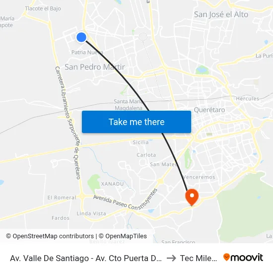 Av. Valle De Santiago - Av. Cto Puerta Del Sol to Tec Milenio map